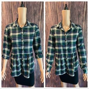 Apricot Lane Kindle size small green blue & cream colored boho plaid button down